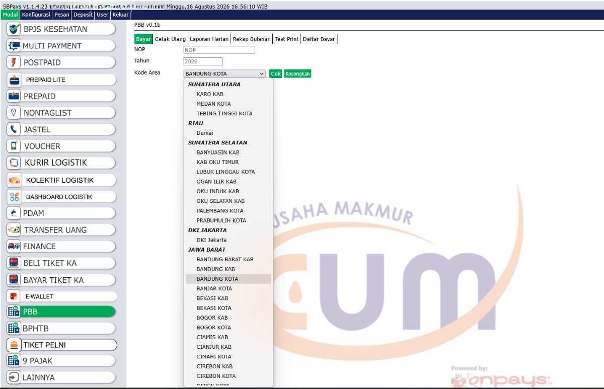 Screenshot menu PBB di aplikasi SBPAYS dengan kolom NOP, tahun pajak, dan pilihan kode area