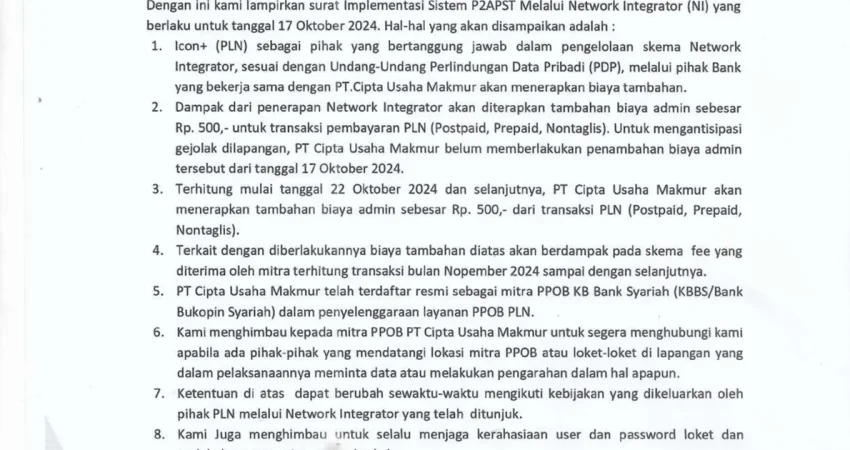 Arsip sosialisasi penyesuaian sistem pembayaran PLN Oktober 2024
