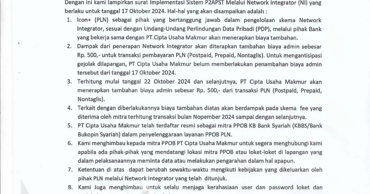 Arsip sosialisasi penyesuaian sistem pembayaran PLN Oktober 2024