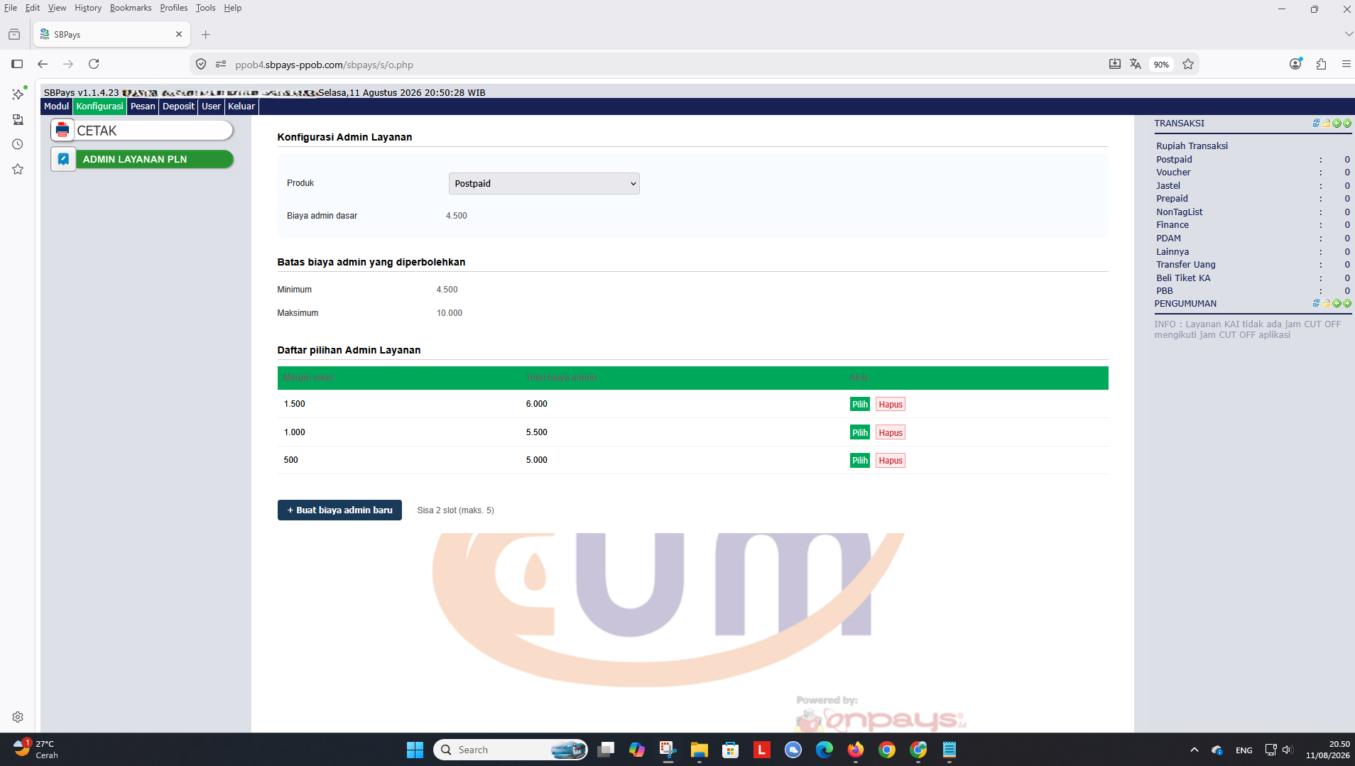 Tampilan menu Konfigurasi Admin Layanan PLN SBPAYS di PC atau laptop