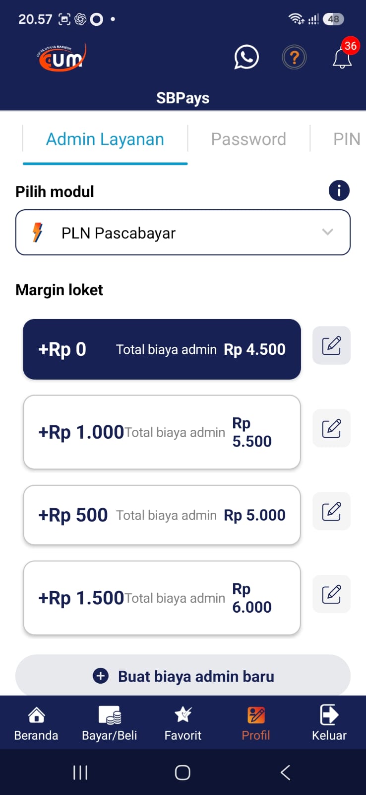 Tampilan menu Admin Layanan PLN SBPAYS di aplikasi Android