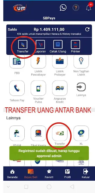 Menu Transfer Uang SBPAYS di Android dan pesan registrasi menunggu approval admin