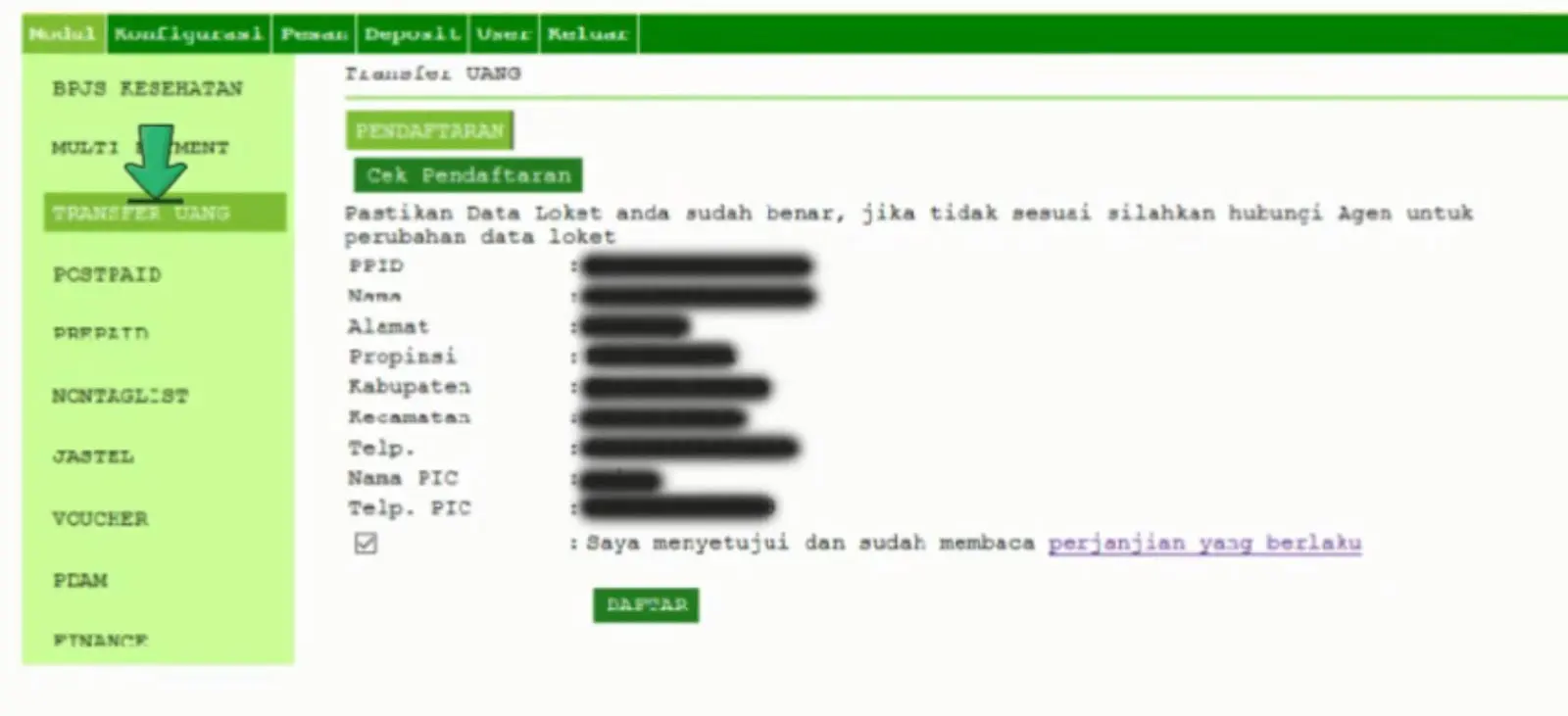 Tampilan menu Pendaftaran Transfer Uang SBPAYS di PC dengan data loket, persetujuan perjanjian, tombol Daftar, dan Cek Pendaftaran