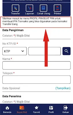 Petunjuk aplikasi SBPAYS Android untuk membuat PIN transaksi melalui menu Profil PIN Buat PIN