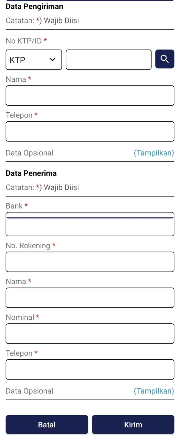 Form Transfer Uang SBPAYS Android dengan Data Pengiriman, Data Penerima, tombol Batal, dan tombol Kirim