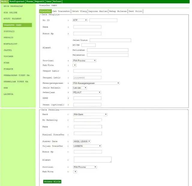 Form Transfer Uang SBPAYS di PC dengan bagian Data Pengirim, Data Penerima, dan tombol Proses Kirim
