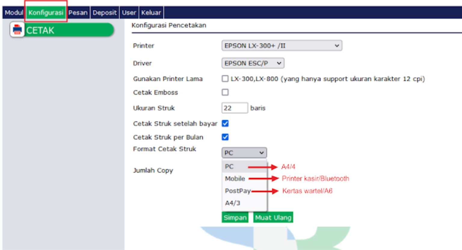Menu Konfigurasi Pencetakan SBPAYS untuk memilih printer, driver, ukuran struk, format cetak, dan jumlah copy