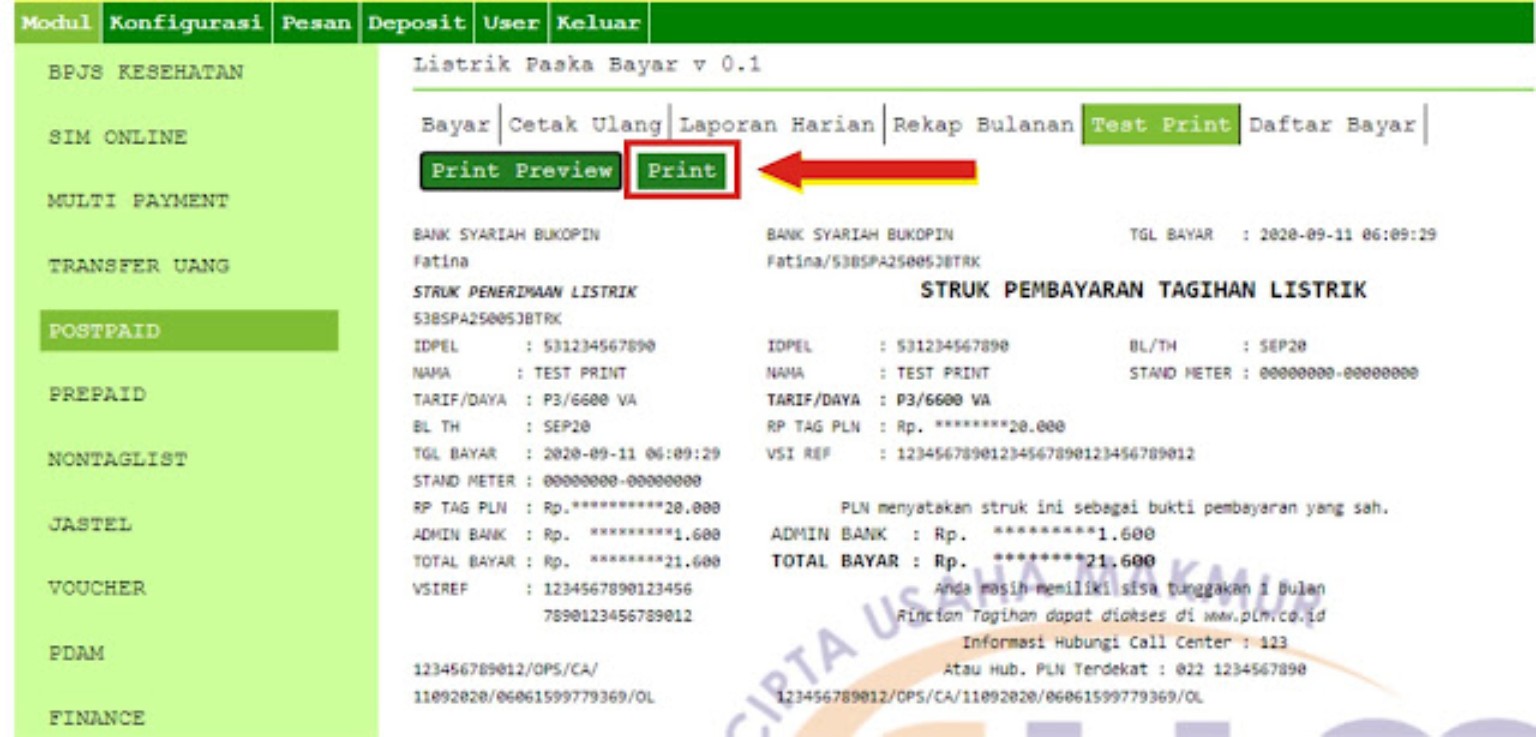 Preview struk uji SBPAYS pada menu Test Print sebelum tombol Print dipilih