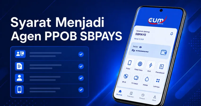 Syarat menjadi agen PPOB SBPAYS dengan checklist dan tampilan aplikasi Android SBPAYS