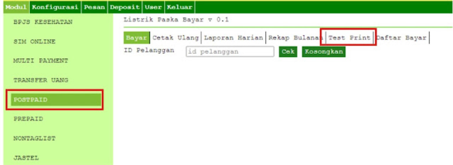 Menu POSTPAID SBPAYS dengan tab Test Print untuk menguji pencetakan struk