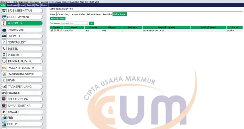 Tampilan menu Daftar Bayar transaksi kolektif PLN pada aplikasi SBPAYS PC