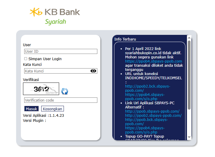 Tampilan login SBPAYS saat Versi Plugin kosong dan OnService belum aktif atau belum terdeteksi