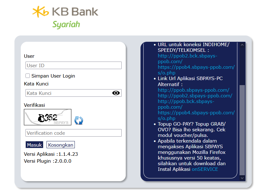 Tampilan login SBPAYS dengan Versi Plugin 2.0.0.0 yang menandakan OnService aktif dan terdeteksi