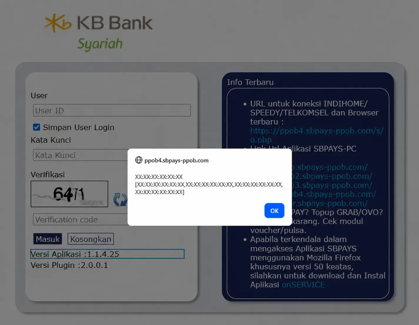 Jendela pop-up menampilkan MAC address yang terdeteksi oleh aplikasi SBPAYS dengan nilainya disamarkan